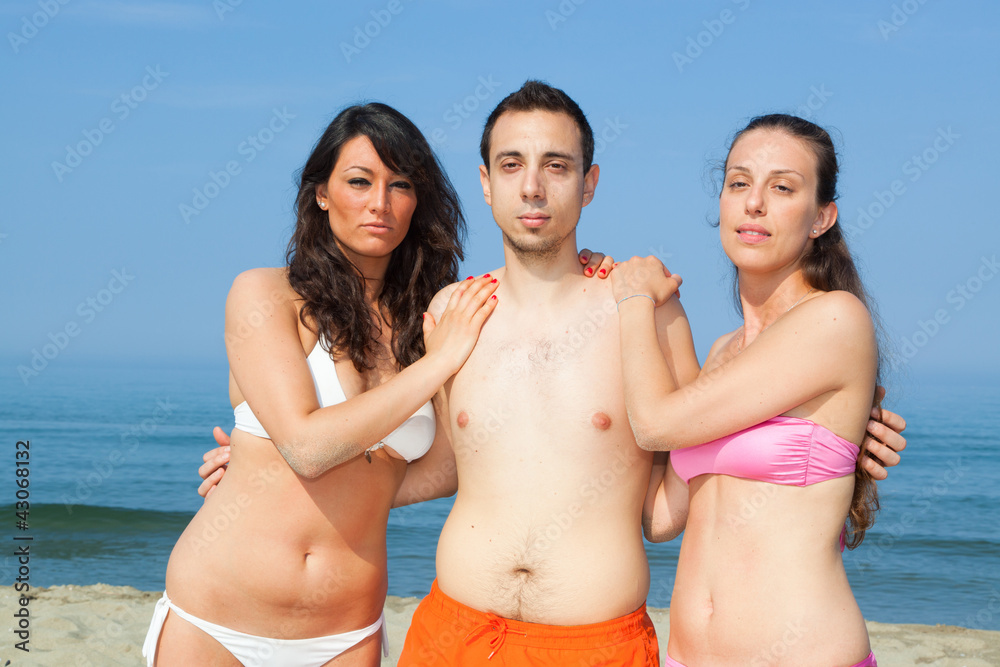 Happy Friends Embraced at Seaside Happy Friends Embraced at Seaside