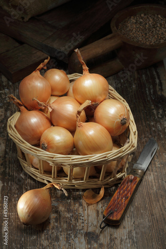 Golden onions in a basket