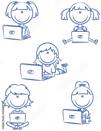 Cute cheerful girls with laptops