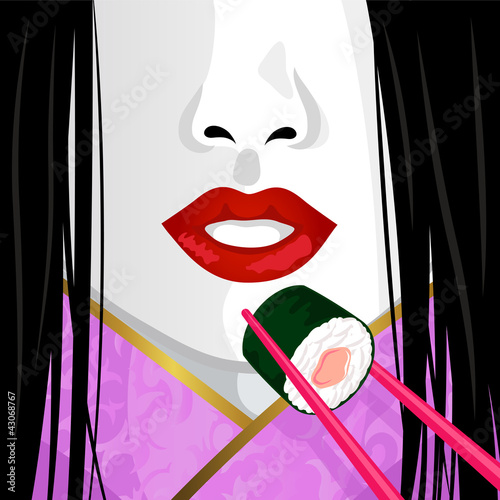 close up on face of Japanese woman eating sushi