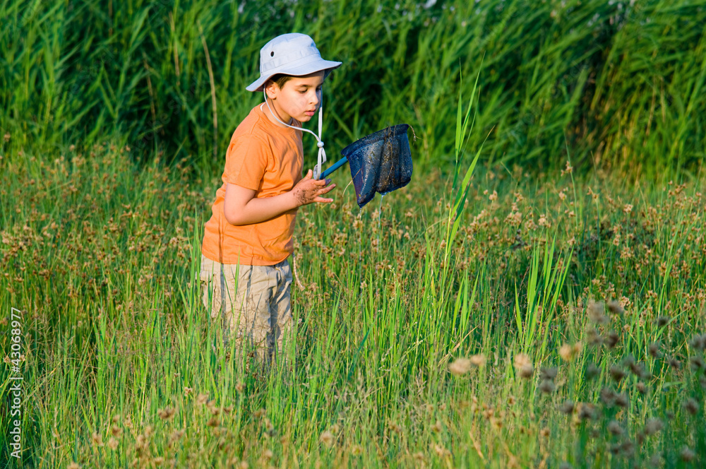 Little child hunting for butterfly