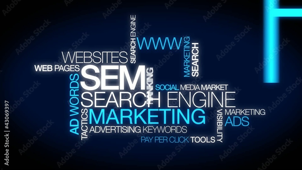 SEM Search Engine Marketing animation video blue word cloud