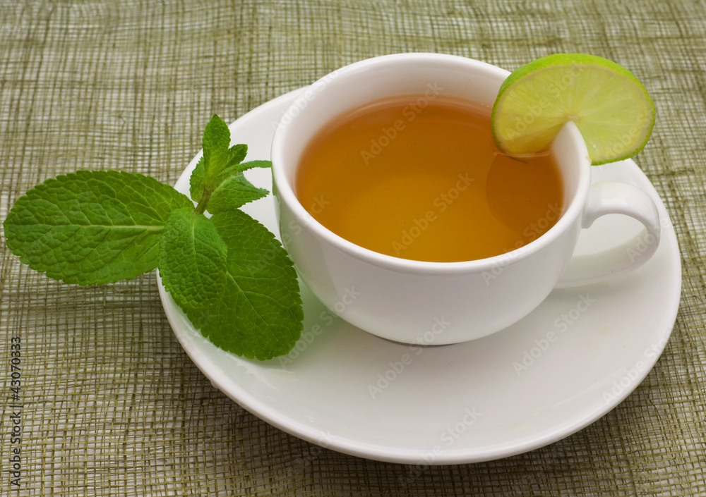 White cup with a branch of mint and limes White cup with a branch of mint and limes