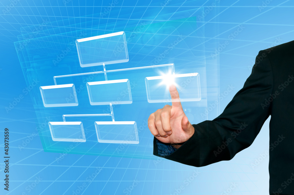 Business man pressing button on the digital screen  background