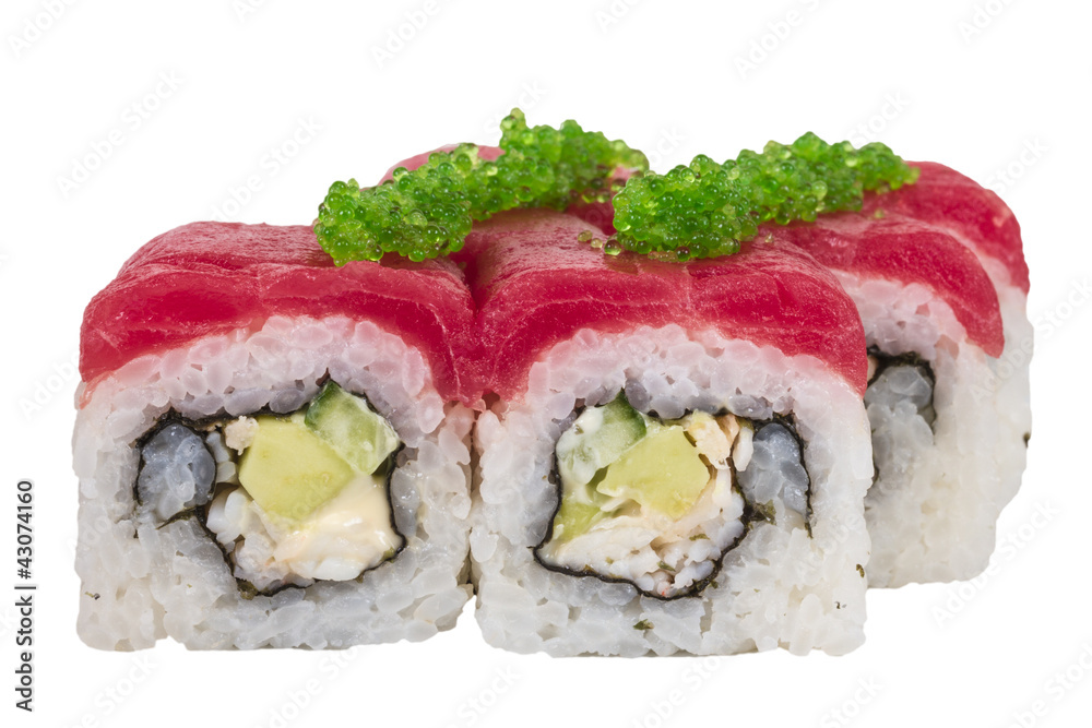 Maki Sushi - Roll made of Crab, avocado, cucumber inside. Fresh Maki Sushi - Roll made of Crab, avocado, cucumber inside. Fresh