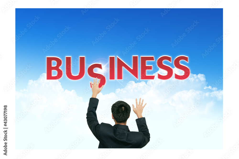 A business man climb business words on blue sky background