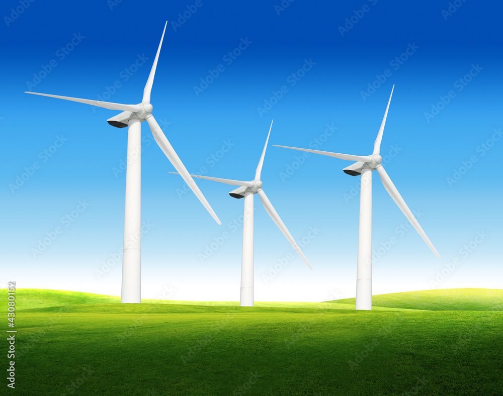 Beautiful green meadow with Wind turbines blue sky Beautiful green meadow with Wind turbines blue sky