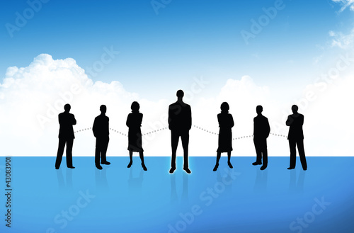 Group of business people standing against earth and world map bl