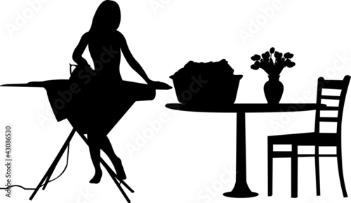 Young woman irons clothing in room silhouette layered