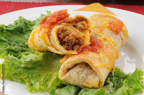 Closeup of beef and bean chimichangas