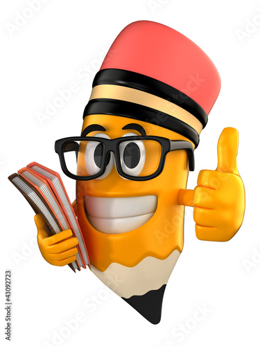 3d render of pencil giving thumbs up and holding books photo