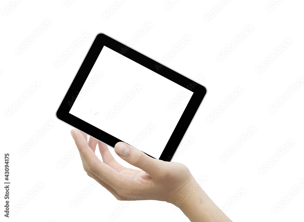 A male hand with touchscreen computer A male hand with touchscreen computer