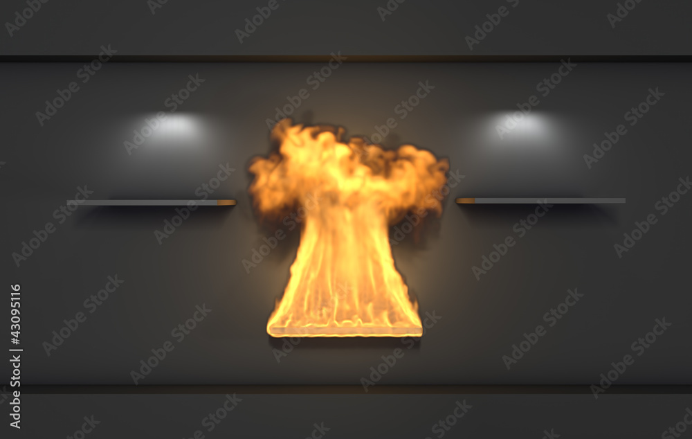 Fototapeta premium 3d shelves and spotlights for exhibit with flame in the gallery