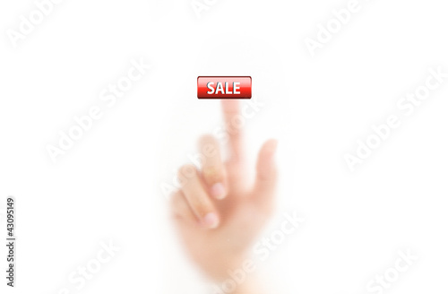 man finger pressing sale button, isolated on a white background. photo