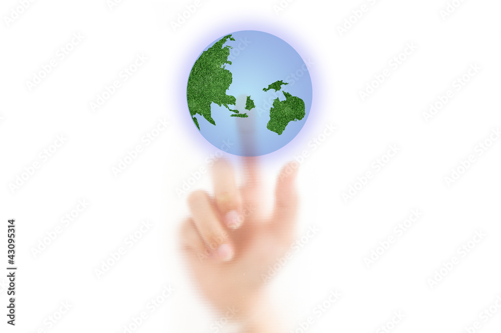 man finger pressing a touchscreen button to world map man finger pressing a touchscreen button to world map