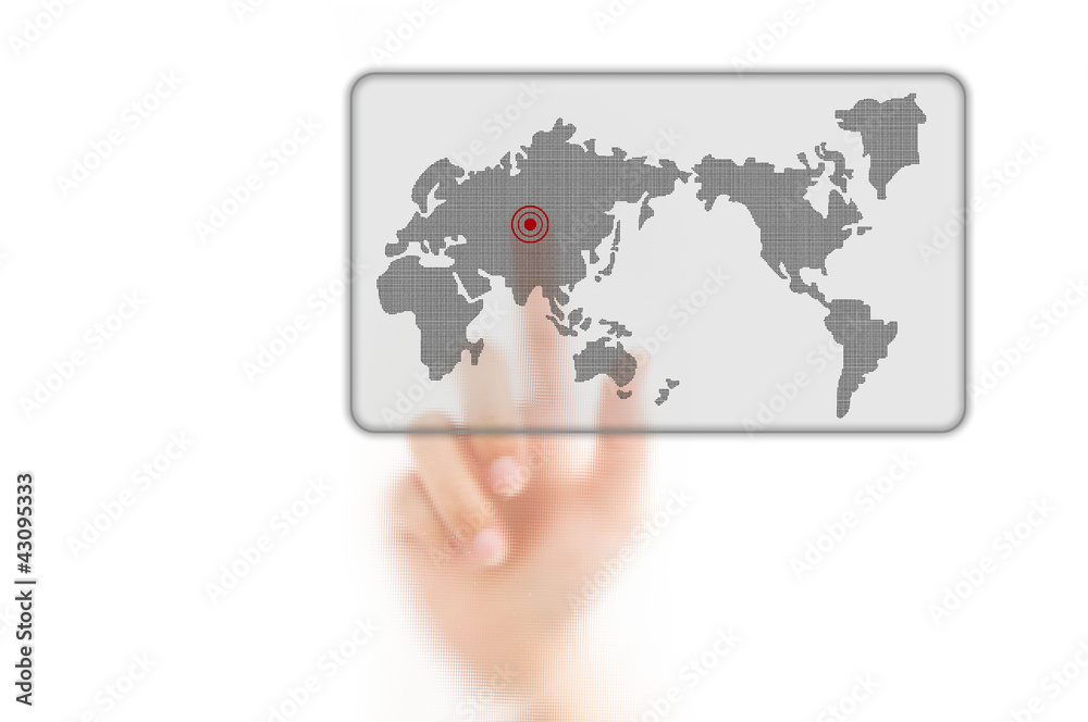 man finger pressing a worldmap touchscreen button with index fin man finger pressing a worldmap touchscreen button with index fin