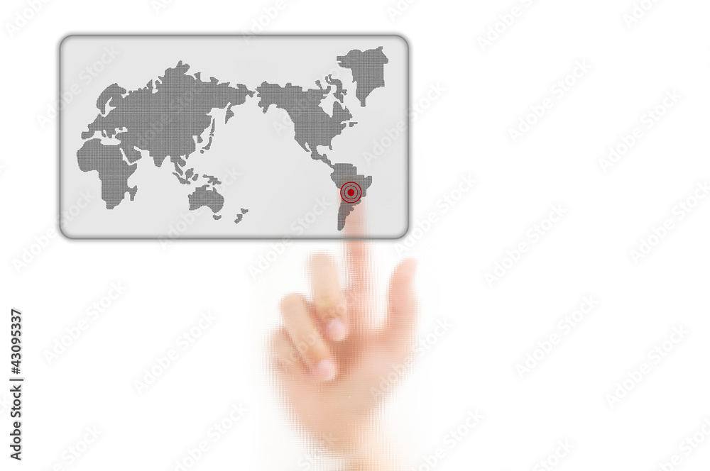 man finger pressing a worldmap touchscreen button with index fin man finger pressing a worldmap touchscreen button with index fin