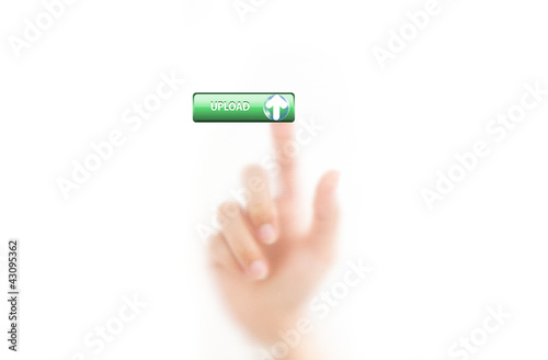 man finger pressing a upload button, isolated on a white backgro photo