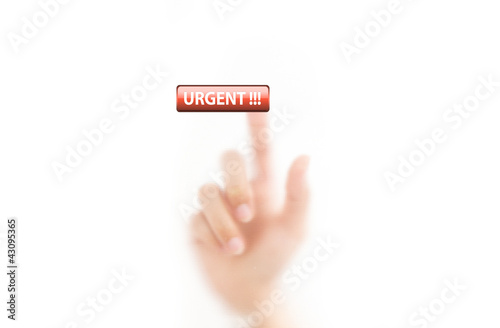 man finger pressing a urgent button, isolated on a white backgro photo