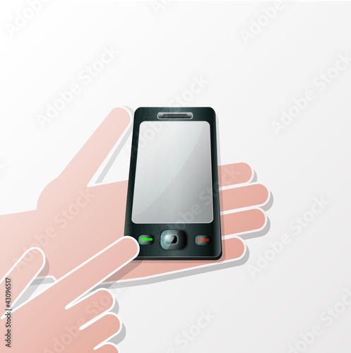 Hands Mobile smartphone with a blank screen. Isolated on white b