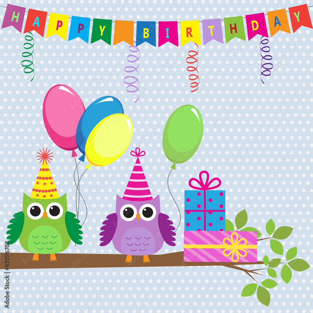 Vector birthday card with cute owls Vector birthday card with cute owls