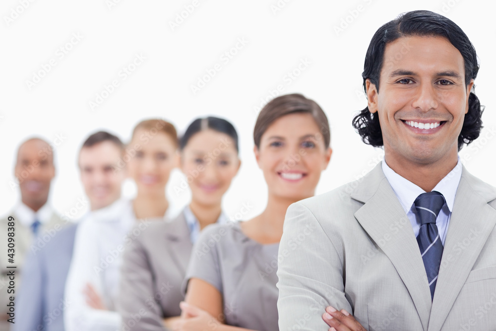 Big close-up of a happy business team in a single line looking s Big close-up of a happy business team in a single line looking s