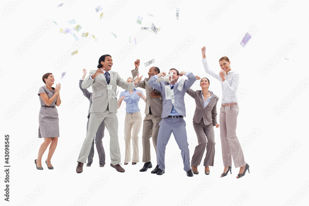 Obraz premium Very enthusiast people with money falling from the sky