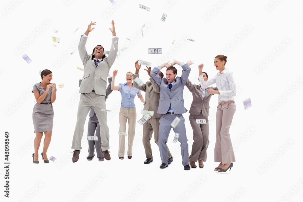 Obraz premium Very happy people with money falling from the sky