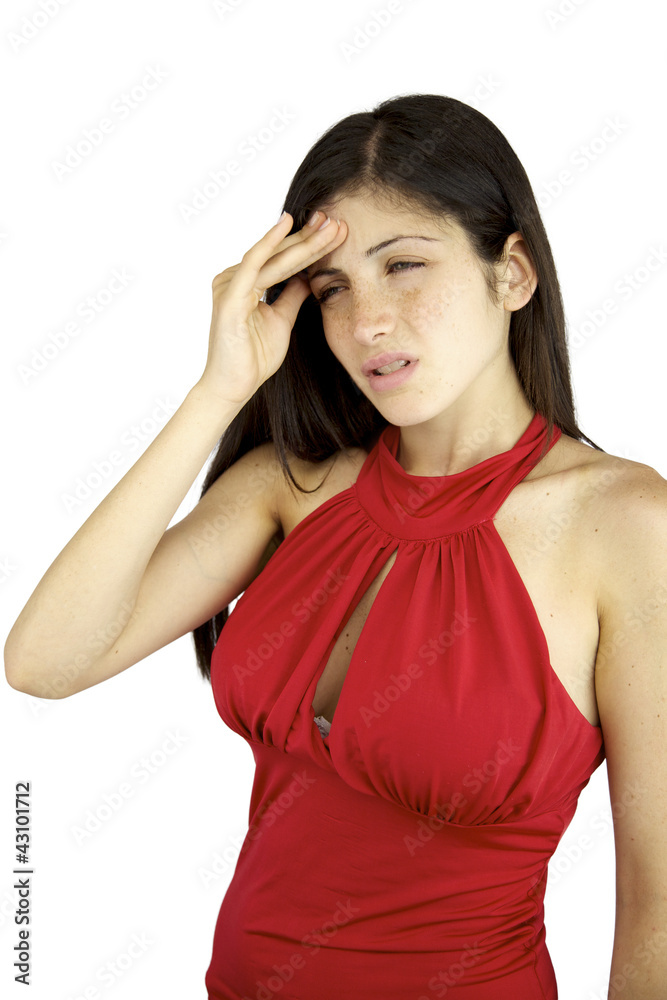Girl with freckles and blue eyes suffering headache in pain Girl with freckles and blue eyes suffering headache in pain