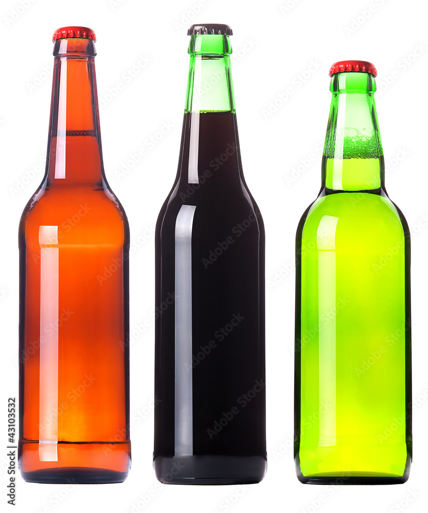 Beer collection - Three beer bottles. Isolated