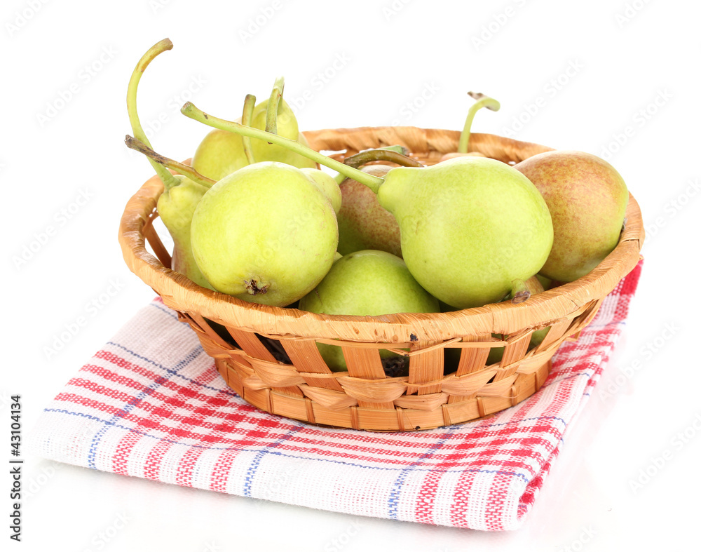 ripe pears in basket isolated on white.