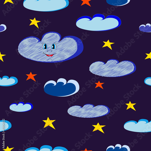 Smiling blue clouds and bright stars seamless on dark night sky.