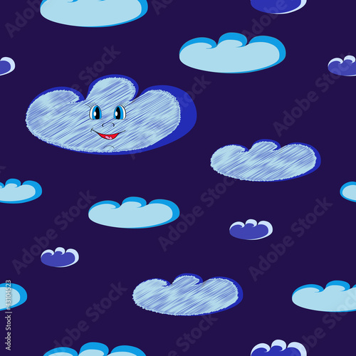 Happy smiling blue clouds seamless on dark night sky. Illustrati