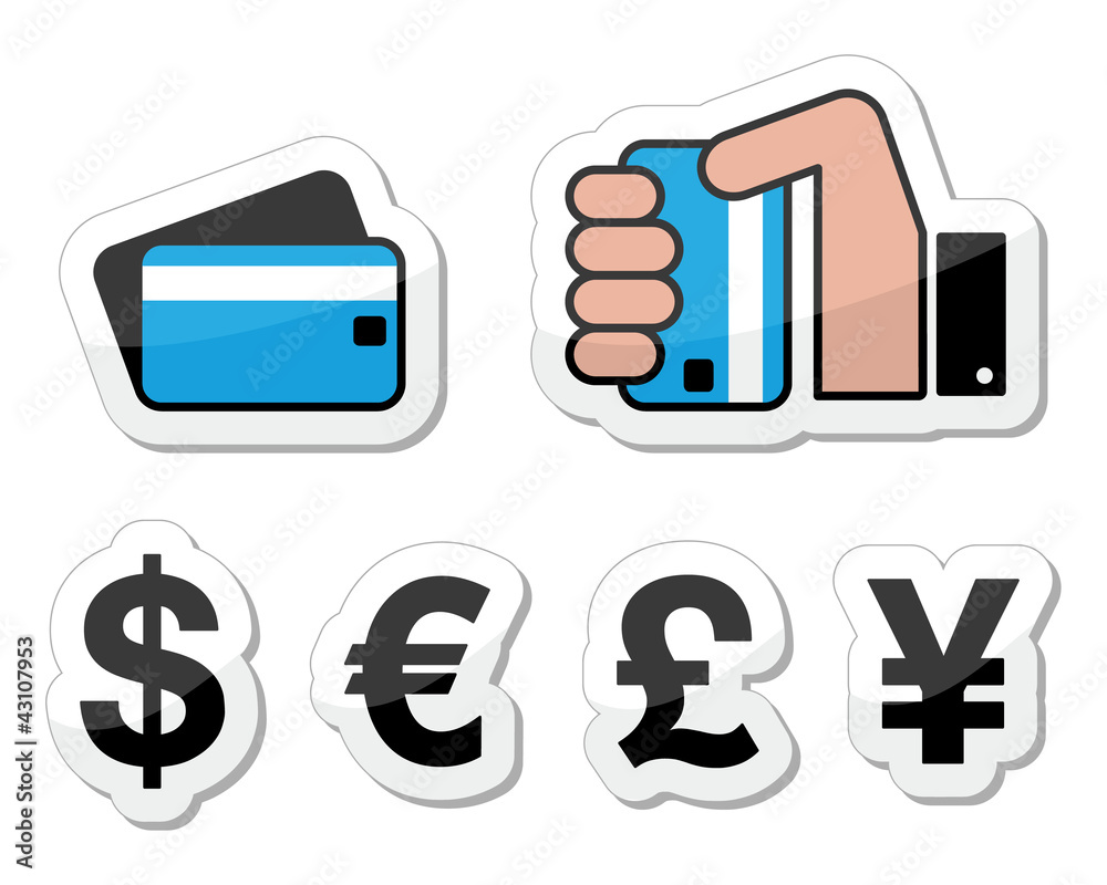 Shopping, payment methods, currency icons Shopping, payment methods, currency icons
