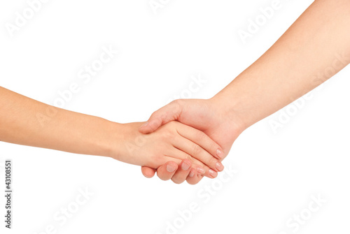 Shaking hands of two people, man and woman, isolated on white. © oly5