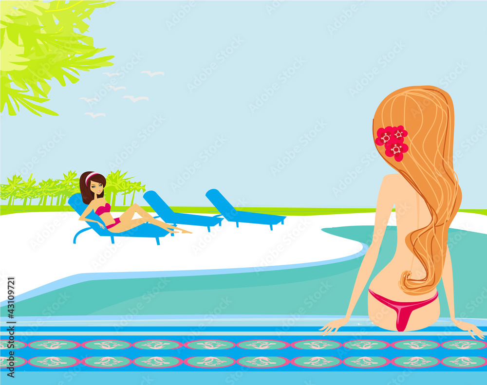 vector image of girls and tropical pool