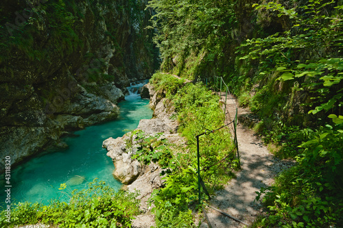 Mountain river and a trail. Tolmin gorges, Slovenia.