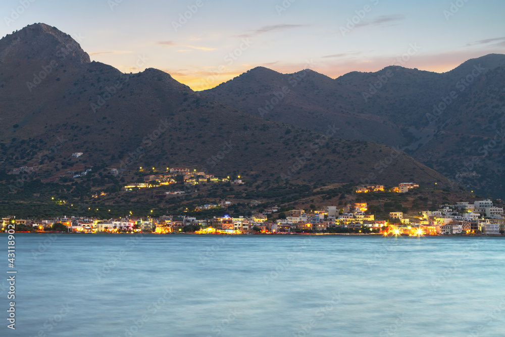 Sunset over mountains of Mirabello Bay on Crete, Greece