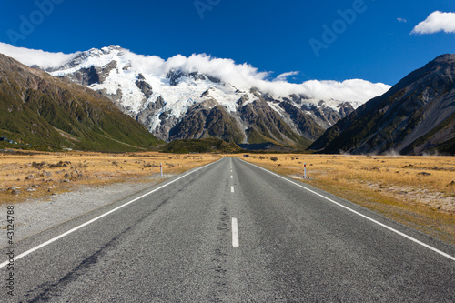 Road leading into Aoraki Mt Cook National Park NZ