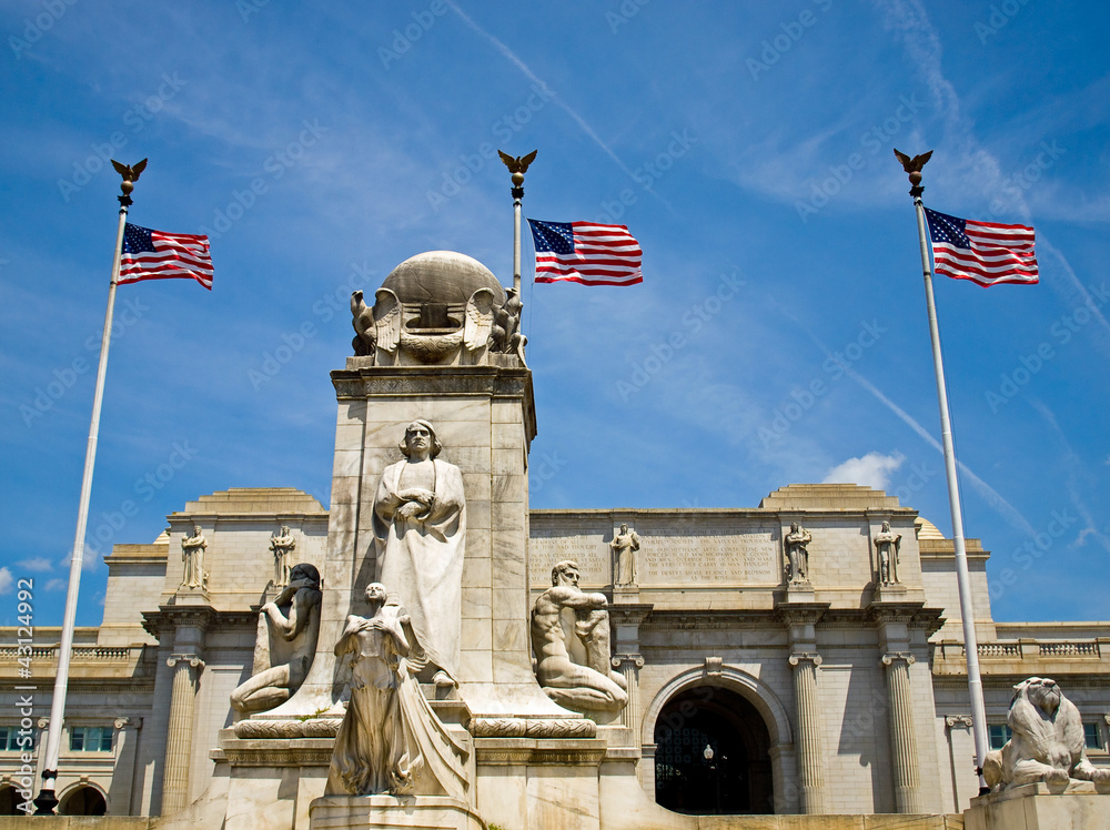 Union Station at Washington DC with Three American Flags