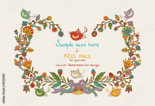 Flowers decor frame with leafs, birds and hearts