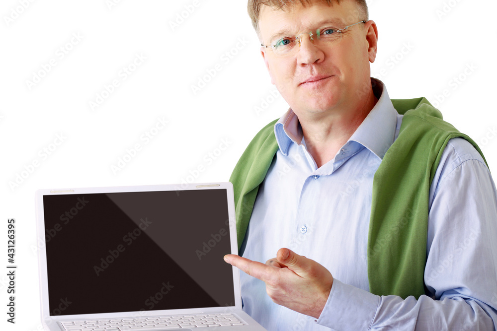 Man presenting laptop isolated on white background Man presenting laptop isolated on white background