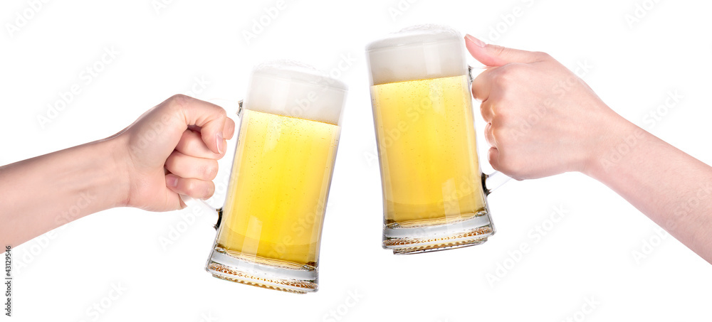 Pair of beer glasses with hand making a toast isolated Pair of beer glasses with hand making a toast isolated