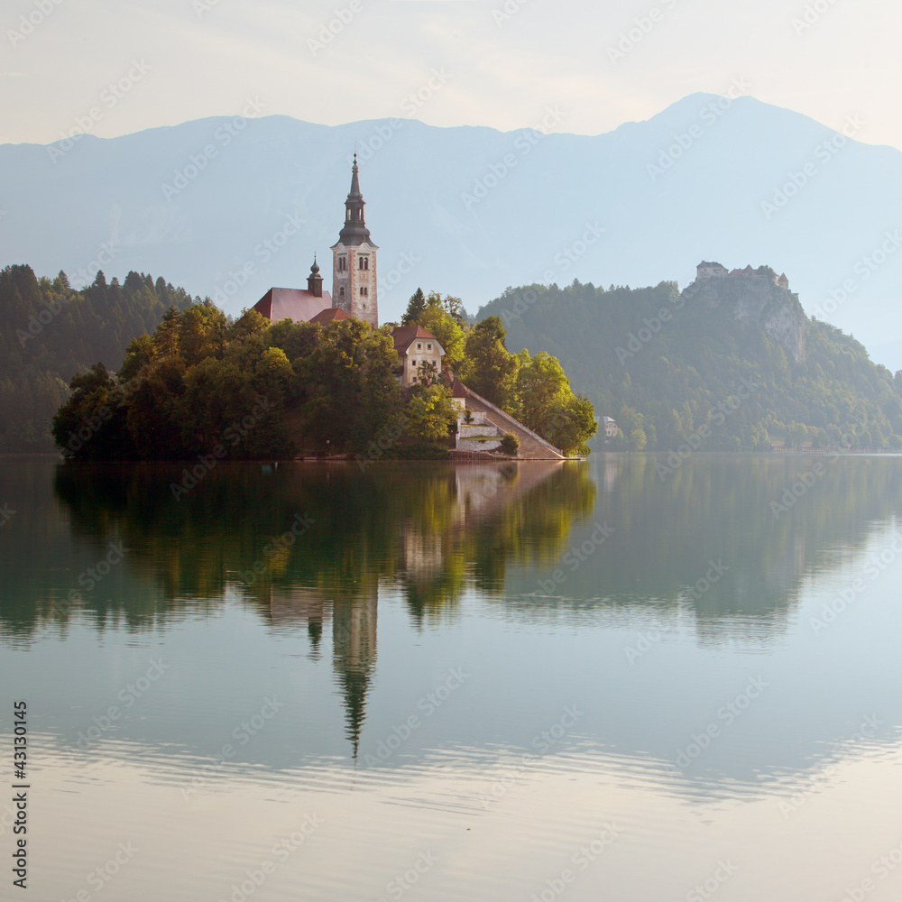 A church on the island in lake Bled in Slovenia