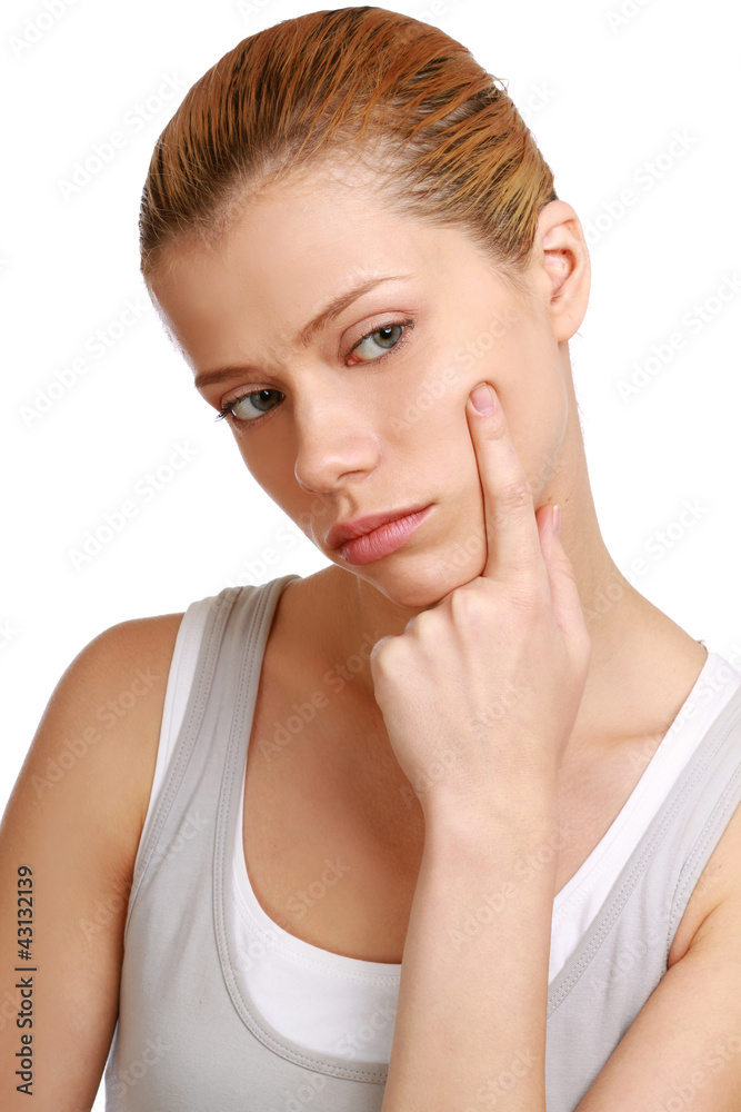 A thinking woman, isolated on white background A thinking woman, isolated on white background
