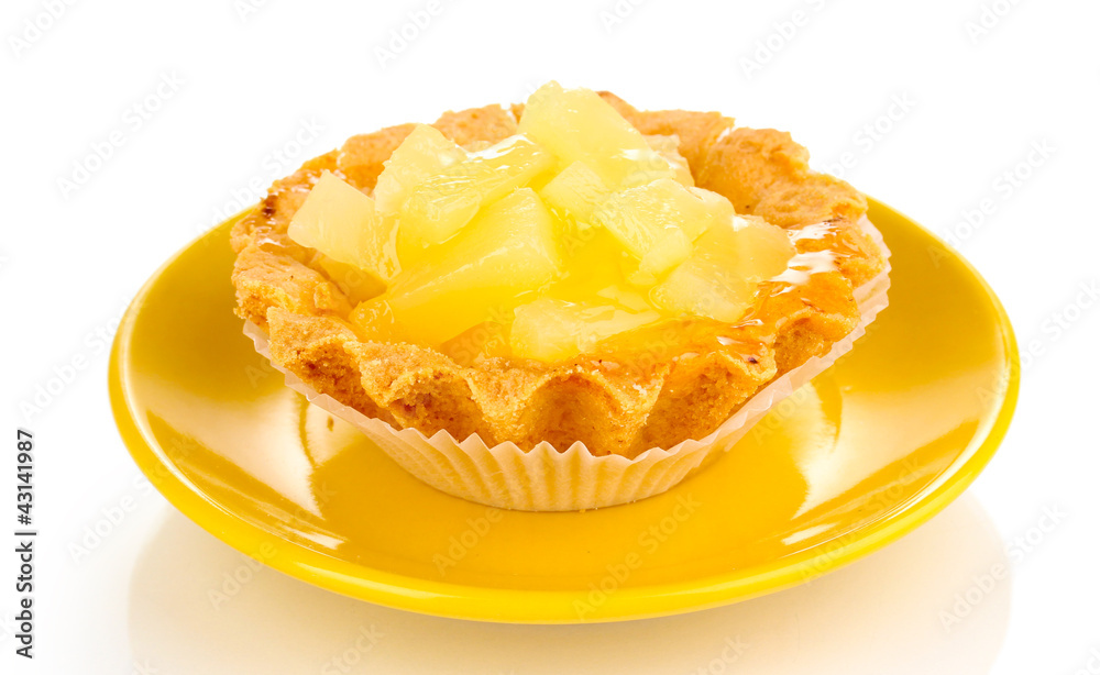 sweet cake with fruits on saucer isolated on white sweet cake with fruits on saucer isolated on white