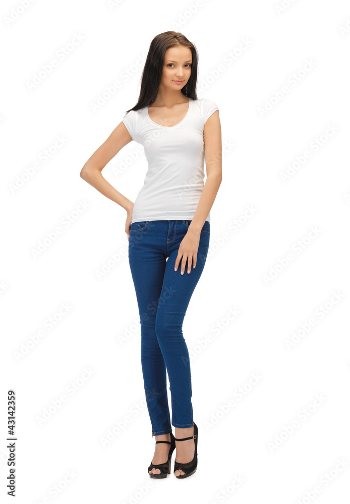 smiling teenage girl in blank white t-shirt smiling teenage girl in blank white t-shirt