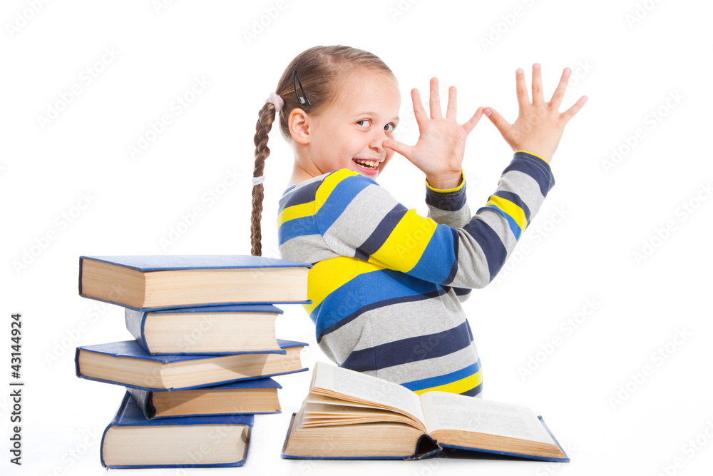 schoolgirl with books being teased on isolated white schoolgirl with books being teased on isolated white