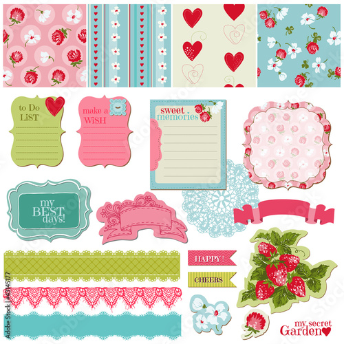 Scrapbook Design Elements - Vintage Flowers and Strawberry Set -