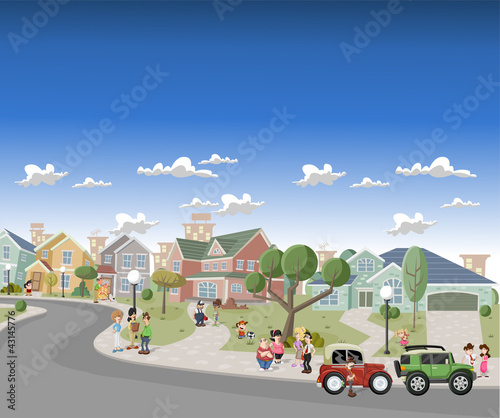 People in the street of a retro suburb neighborhood